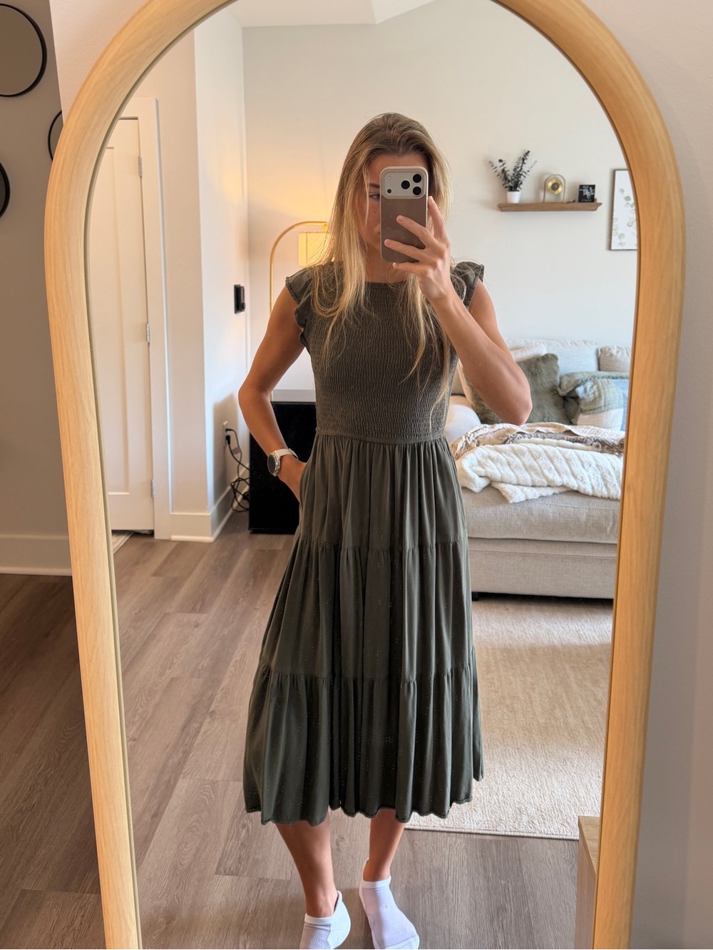 Smocked Tiered Midi Dress — Olive Green